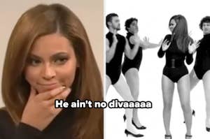 Beyoncé thinking with a hand on her chin. On the right, an image of Beyoncé in an SNL sketch with Justin Timberlake and male dancers in leotards with the text "He ain't no divaaaaa." Poking fun at a viral moment from Beyoncé's Renaissance World Tour