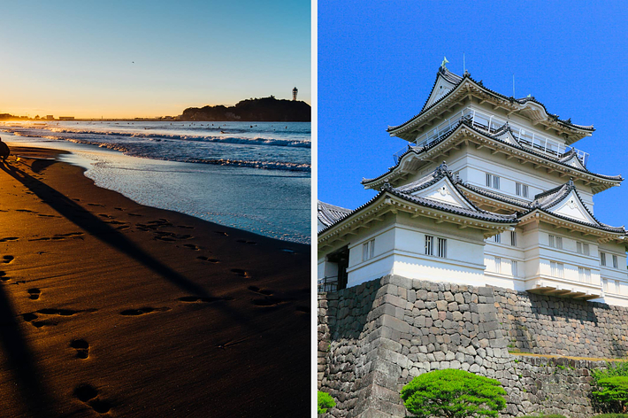 浜辺の風景と日本の城の並列写真。左には波が打ち寄せる砂浜が広がり、右には日本の伝統的な城がそびえる。