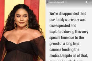 Vanessa Hudgens, in a flowing dress, shares a statement expressing disappointment over her family's privacy being exploited by the media
