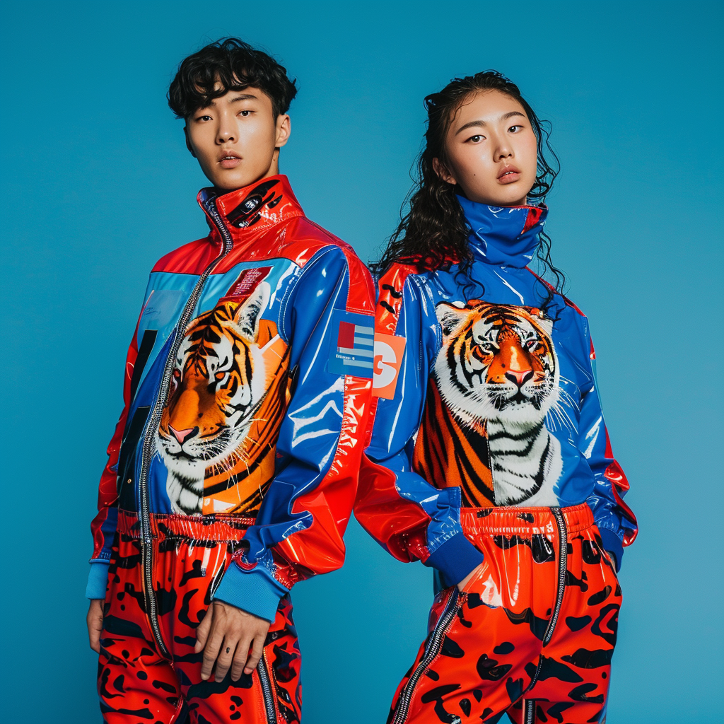 Two individuals wear matching vibrant tiger-print outfits in a fashion pose against a solid background. Their attire features prominent tiger graphics