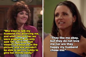 Peggy Bundy smiling vs Selina Meyer arguing in Veep