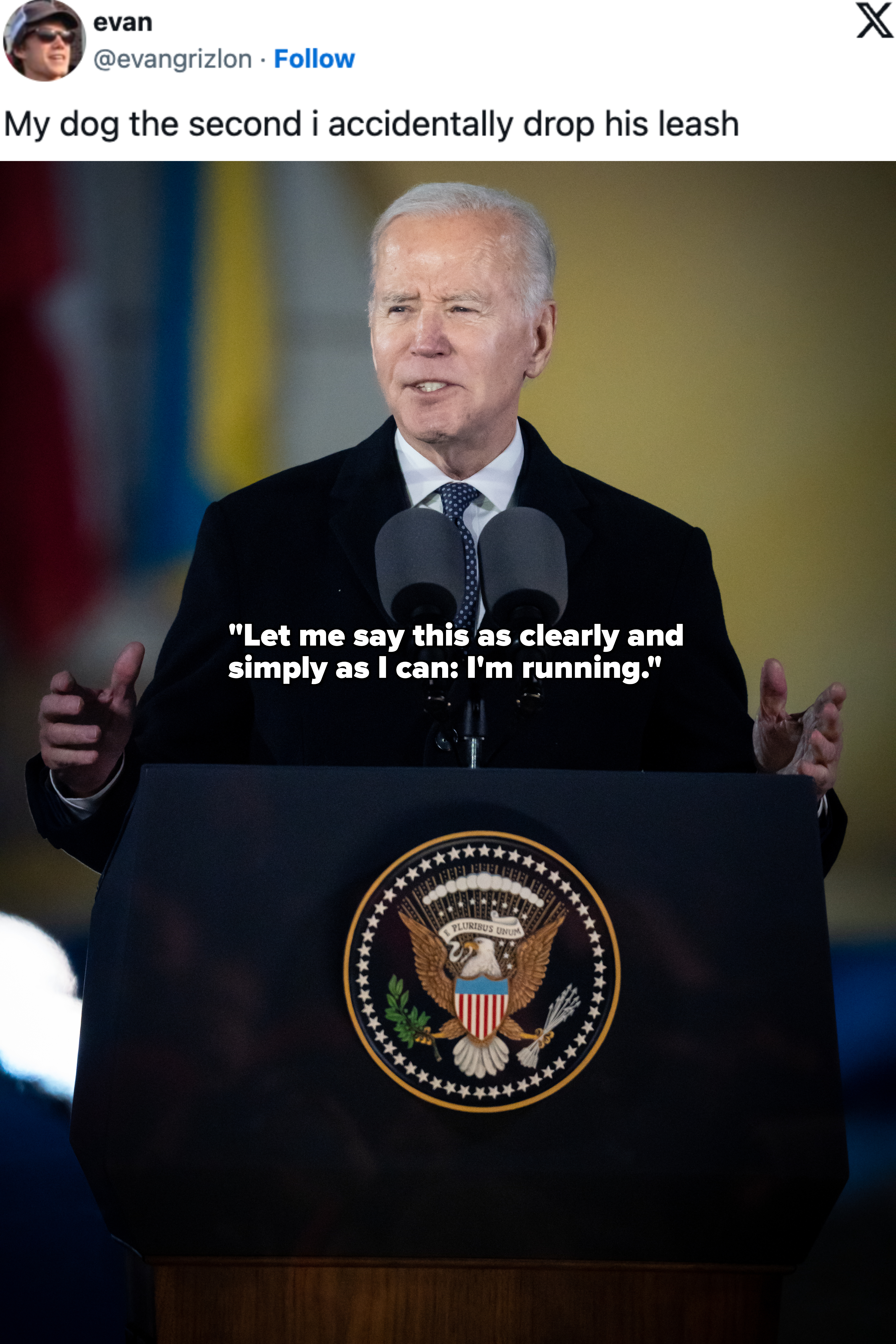 President Joe Biden speaks at a podium with the presidential seal, gesturing with his hands. Flags are visible in the background