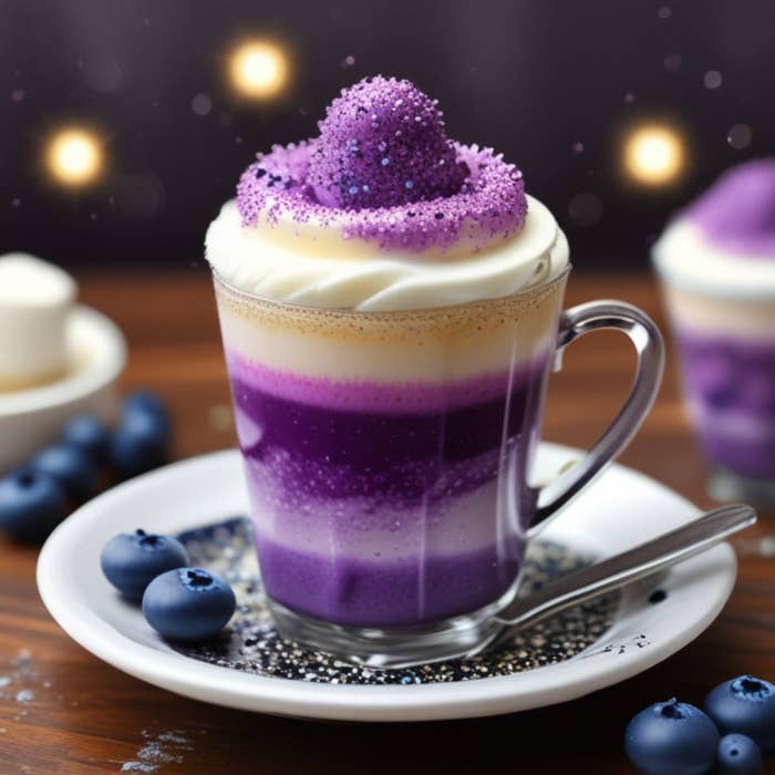 A fancy layered purple and white drink topped with whipped cream and purple sprinkles, served in a glass mug on a white plate with blueberries and a spoon
