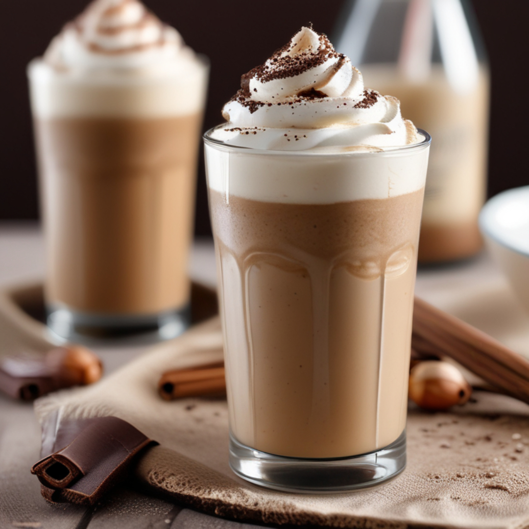 Close-up of two creamy, frothy iced coffees topped with whipped cream and chocolate shavings, with a blurred bottle and chocolate pieces in the background