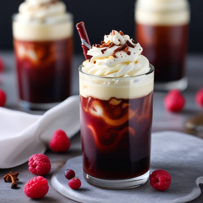 Close-up of a creamy iced coffee topped with whipped cream and chocolate shavings, surrounded by raspberries and a white cloth