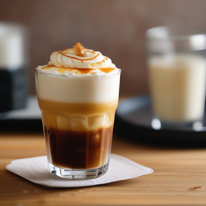 Close-up of a layered coffee drink topped with whipped cream and caramel drizzle, served on a napkin. Two blurred coffee drinks in the background