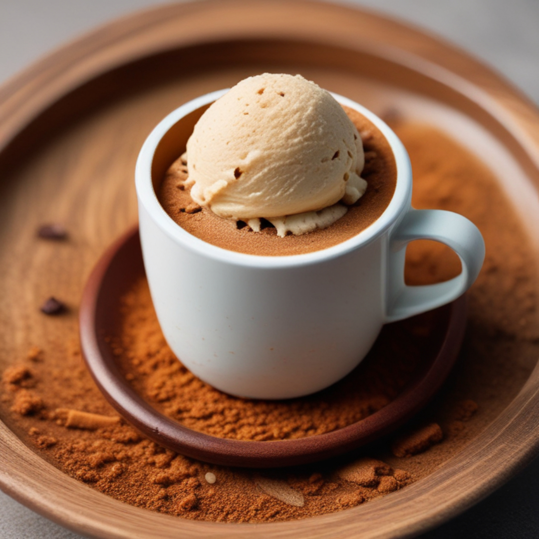 A cup of chocolate mousse topped with a scoop of vanilla ice cream is placed on a wooden plate dusted with cocoa powder