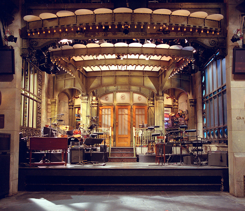 Stage set of the iconic television show &quot;Saturday Night Live&quot; (SNL), featuring musical instruments and equipment prepared for a performance