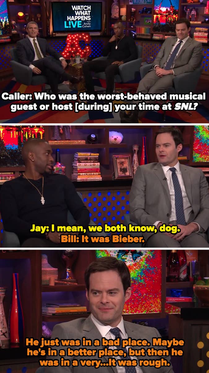 Jay Pharoah and Bill Hader on &quot;Watch What Happens Live&quot; show, discussing the worst-behaved musical guest on SNL. Hader mentions Justin Bieber as the worst