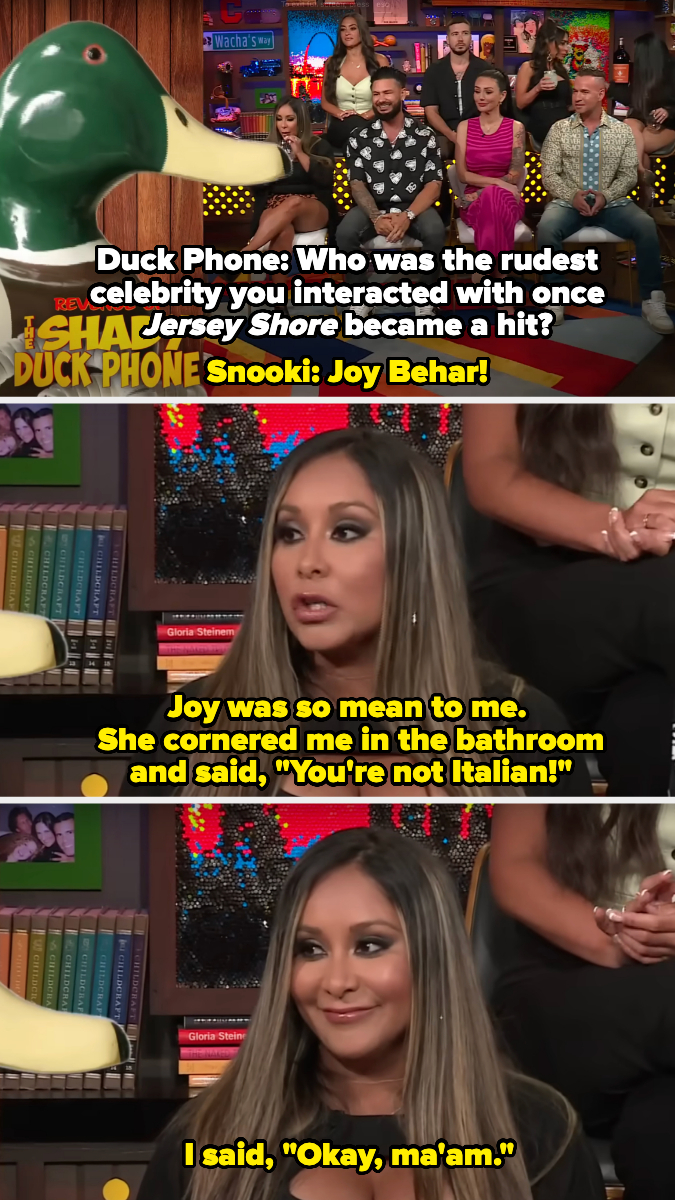 Snooki recounts an encounter with Joy Behar on &quot;Duck Phone.&quot; She shares how Behar questioned her Italian heritage while referencing the show &quot;Jersey Shore.&quot;