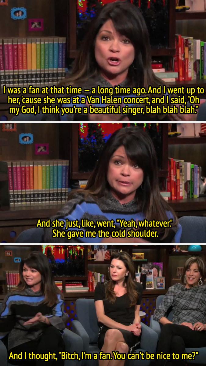 Valerie Bertinelli discussing an encounter with Christina Aguilera, sharing she received a cold response when complimenting the singer at a Van Halen concert