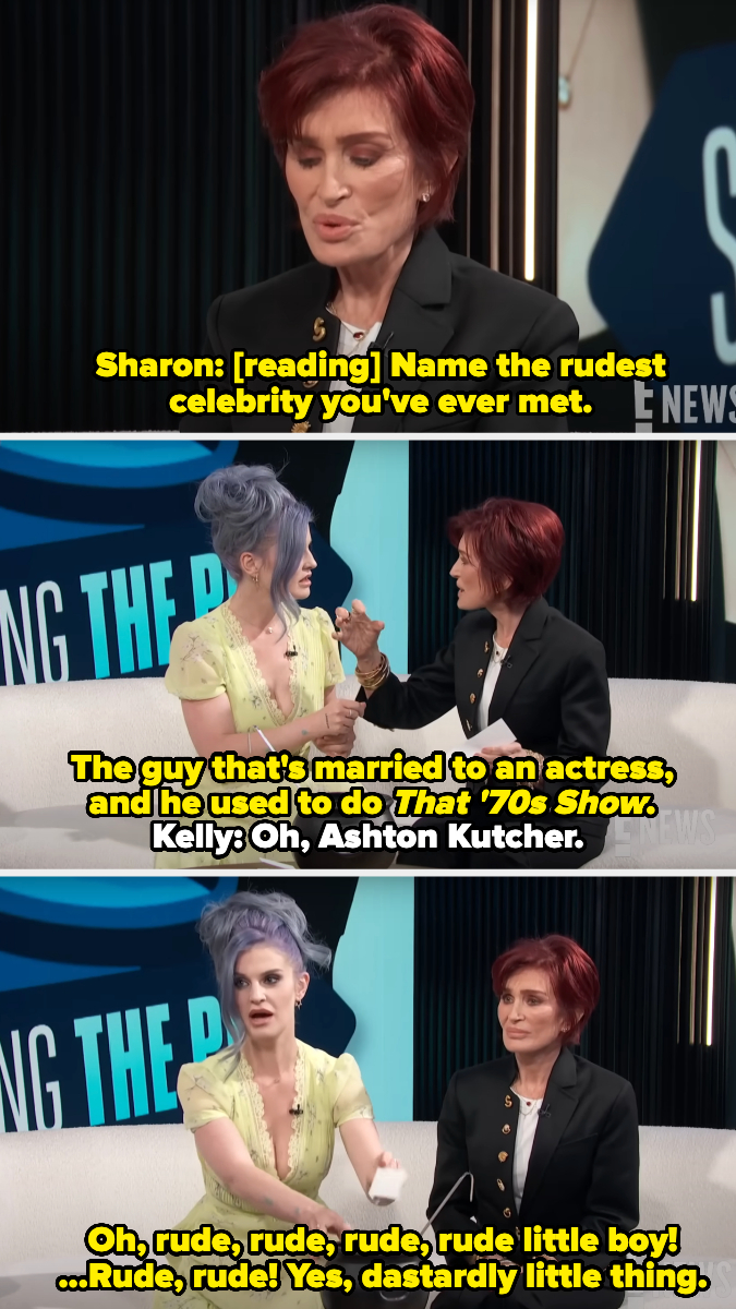 Sharon Osbourne and Kelly Osbourne discussing the rudest celebrity they’ve met on a talk show; Ashton Kutcher is mentioned