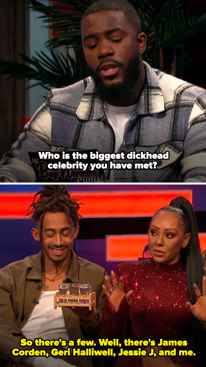 A man in a plaid jacket asks, &quot;Who is the biggest dickhead celebrity you have met?&quot; Below, Mel B answers, listing James Corden, Geri Halliwell, Jessie J, and herself