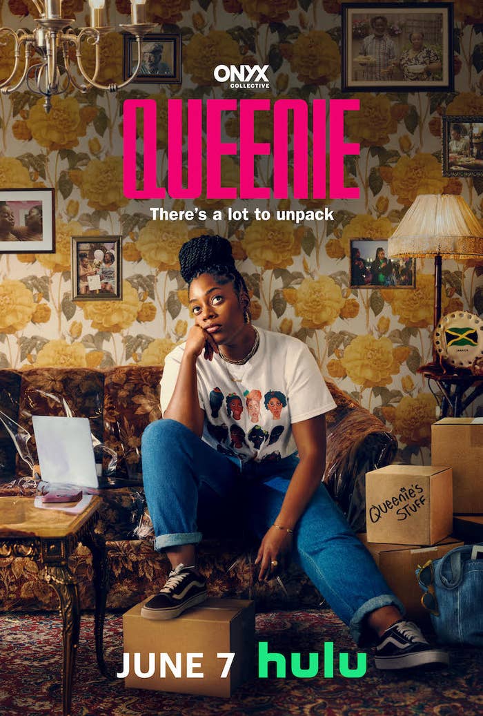 Promotional poster for &quot;Queenie&quot; on Hulu, featuring a woman seated in a vintage living room, captioned &quot;There&#x27;s a lot to unpack&quot;. Available on June 7