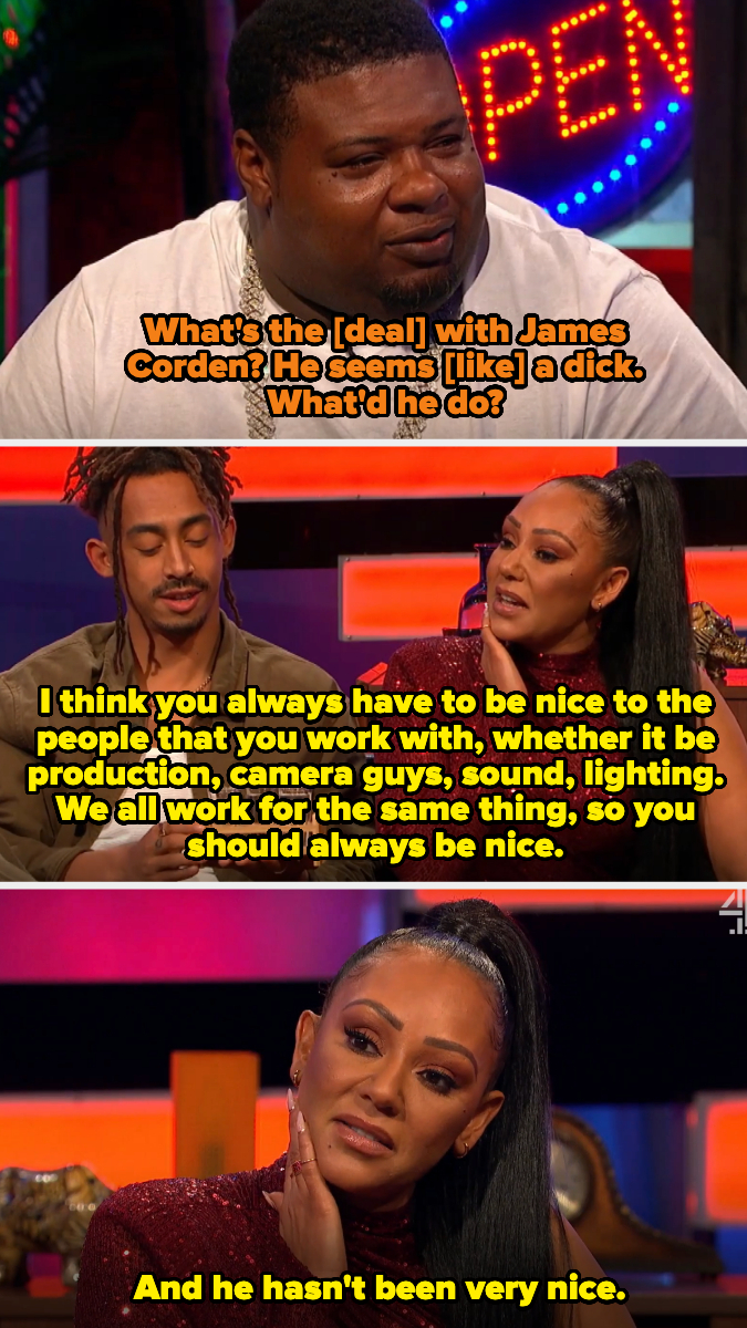 Big Narstie and Mel B on a talk show. Mel B criticizes James Corden, emphasizing the importance of being nice to all crew members