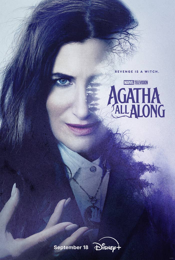 Kathryn Hahn in a promotional poster for &quot;Agatha: All Along&quot; on Disney+. The poster features the text &quot;Revenge is a witch&quot; and the release date &quot;September 18.&quot;