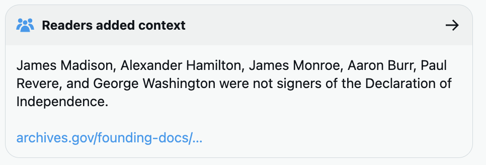 Fact-check note stating that James Madison, Alexander Hamilton, James Monroe, Aaron Burr, Paul Revere, and George Washington did not sign the Declaration of Independence