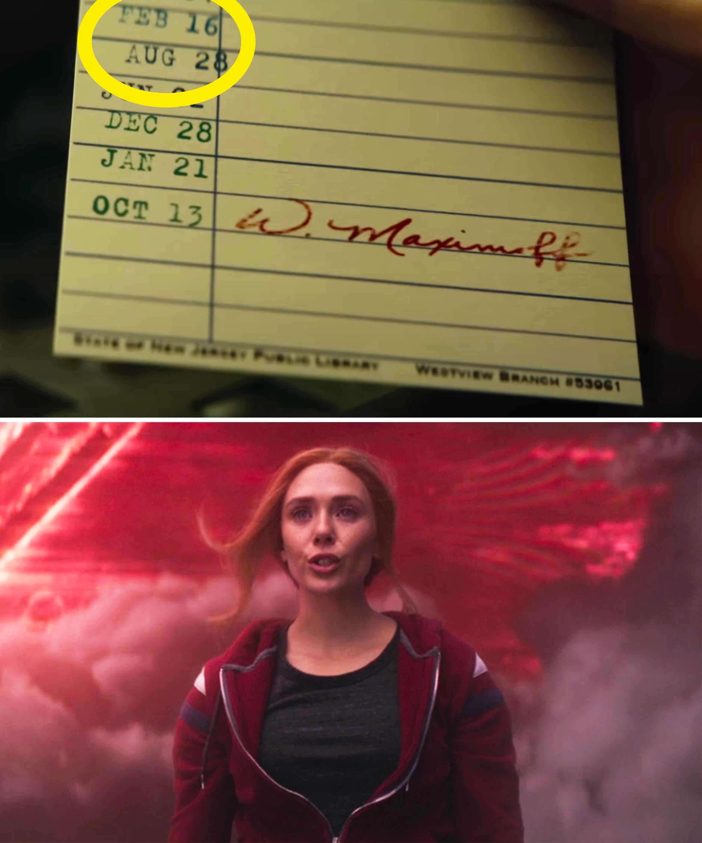 Top half: Library card with dates and &quot;W. Maximoff&quot; signature. Bottom half: Wanda Maximoff in a dramatic scene, wearing a jacket with a background of red energy