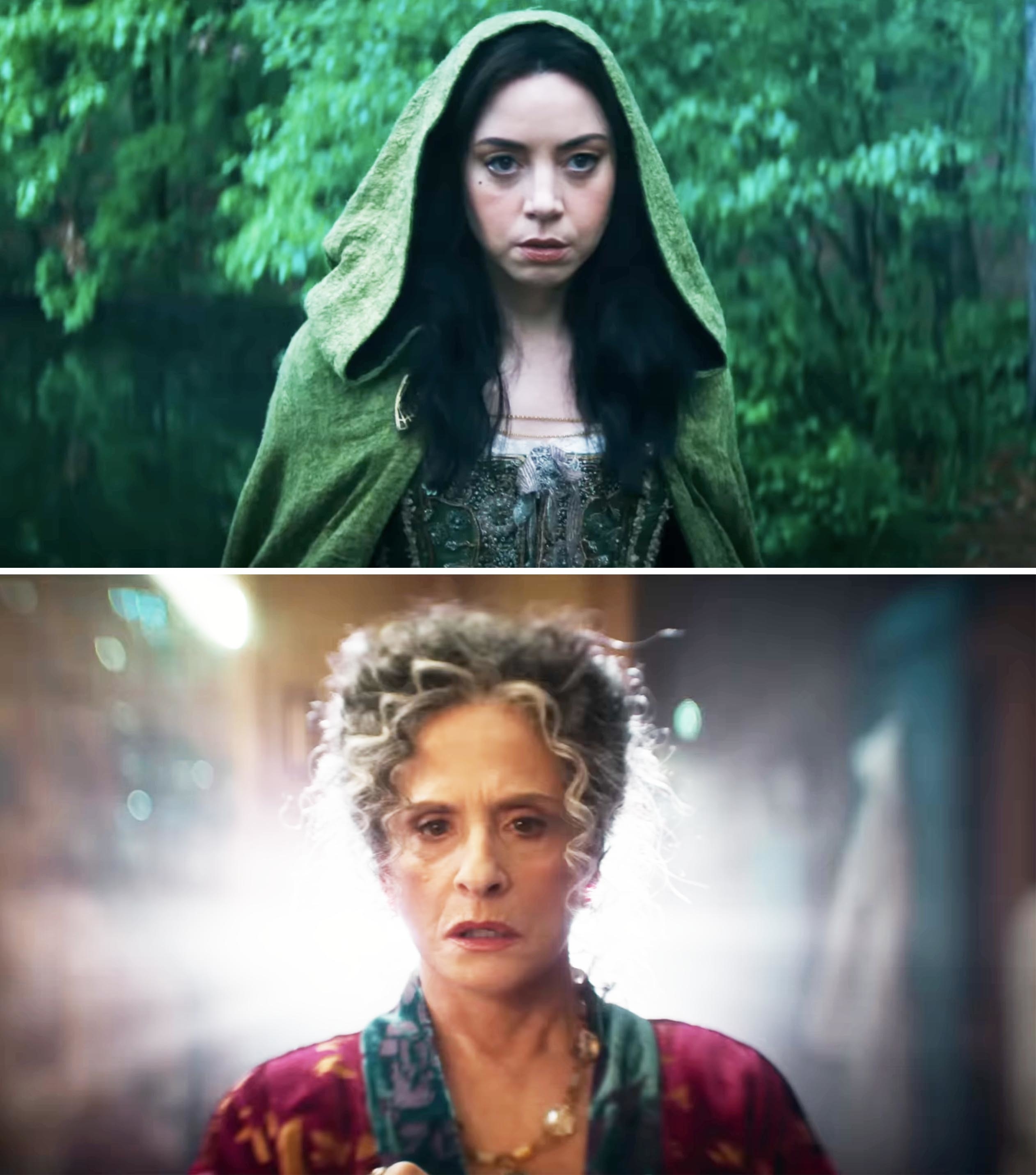 Aubrey Plaza in a hooded medieval-style outfit; Patti LuPone in vintage attire with curly hair, both in scenes from &#x27;Agatha: Coven of Chaos&#x27;