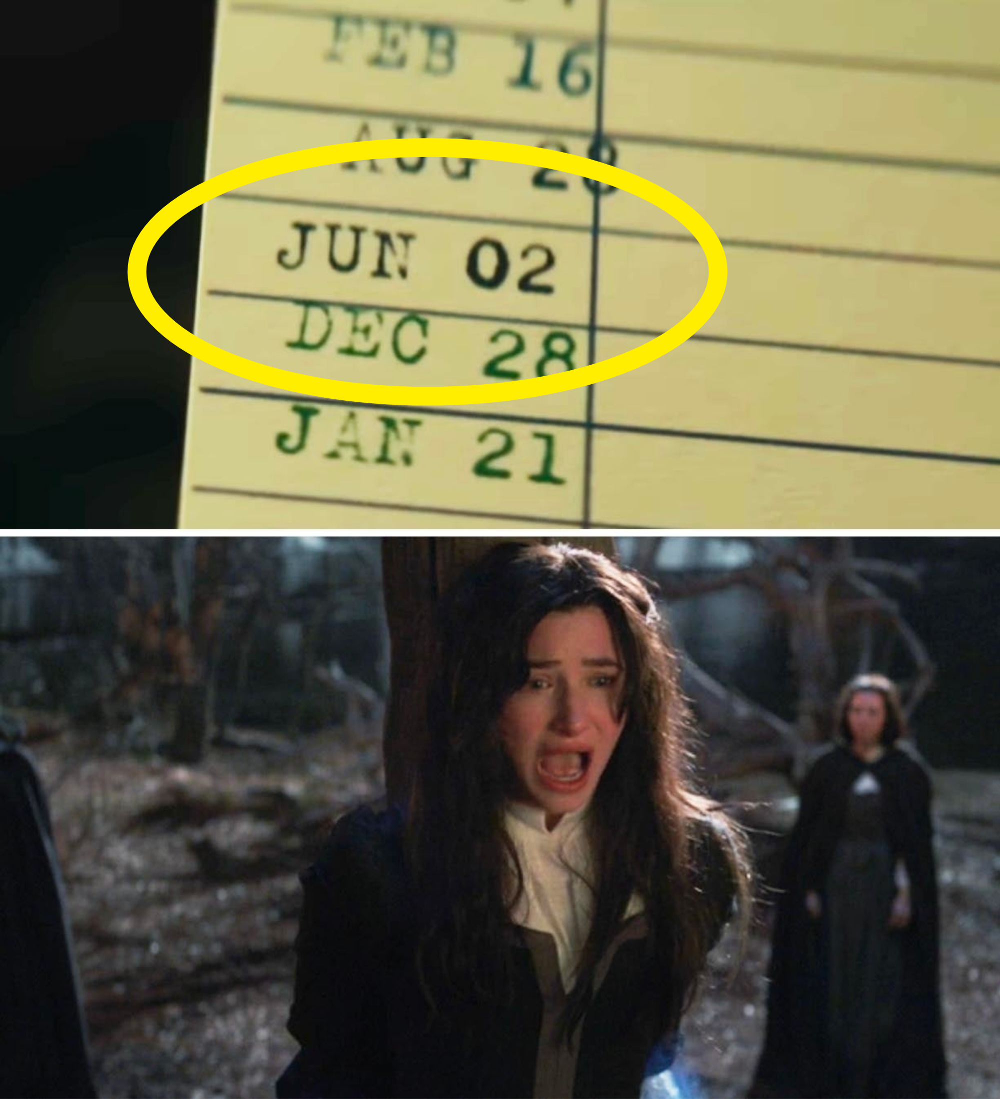 A close-up of a date list with entries &quot;Feb 16,&quot; &quot;Aug 28,&quot; &quot;Jun 02,&quot; &quot;Dec 28,&quot; and &quot;Jan 21.&quot; Below, a woman in distress screams with a serious, darkly dressed woman in the background