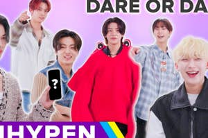 ENHYPEN members posing together. The text says "DARE OR DARE" and "ENHYPEN" with a rainbow stripe underneath. One member holds a card with a question mark