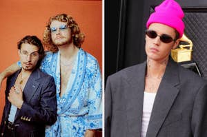 bbno$ and Yung Gravy (L) Justin Bieber in a blazer and pink beanie, wearing sunglasses