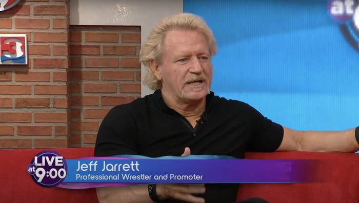 Jeff Jarrett, a professional wrestler and promoter, speaks on a TV show. Text: &quot;Live at 9:00 Jeff Jarrett Professional Wrestler and Promoter.&quot;