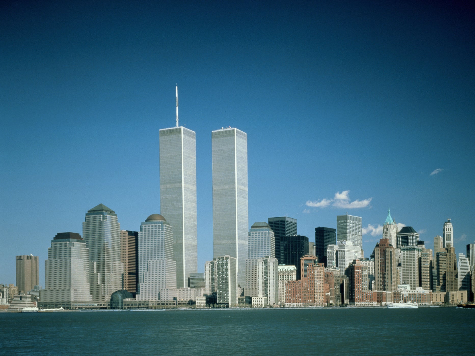 A photo of the New York City skyline featuring the Twin Towers of the World Trade Center before they were destroyed