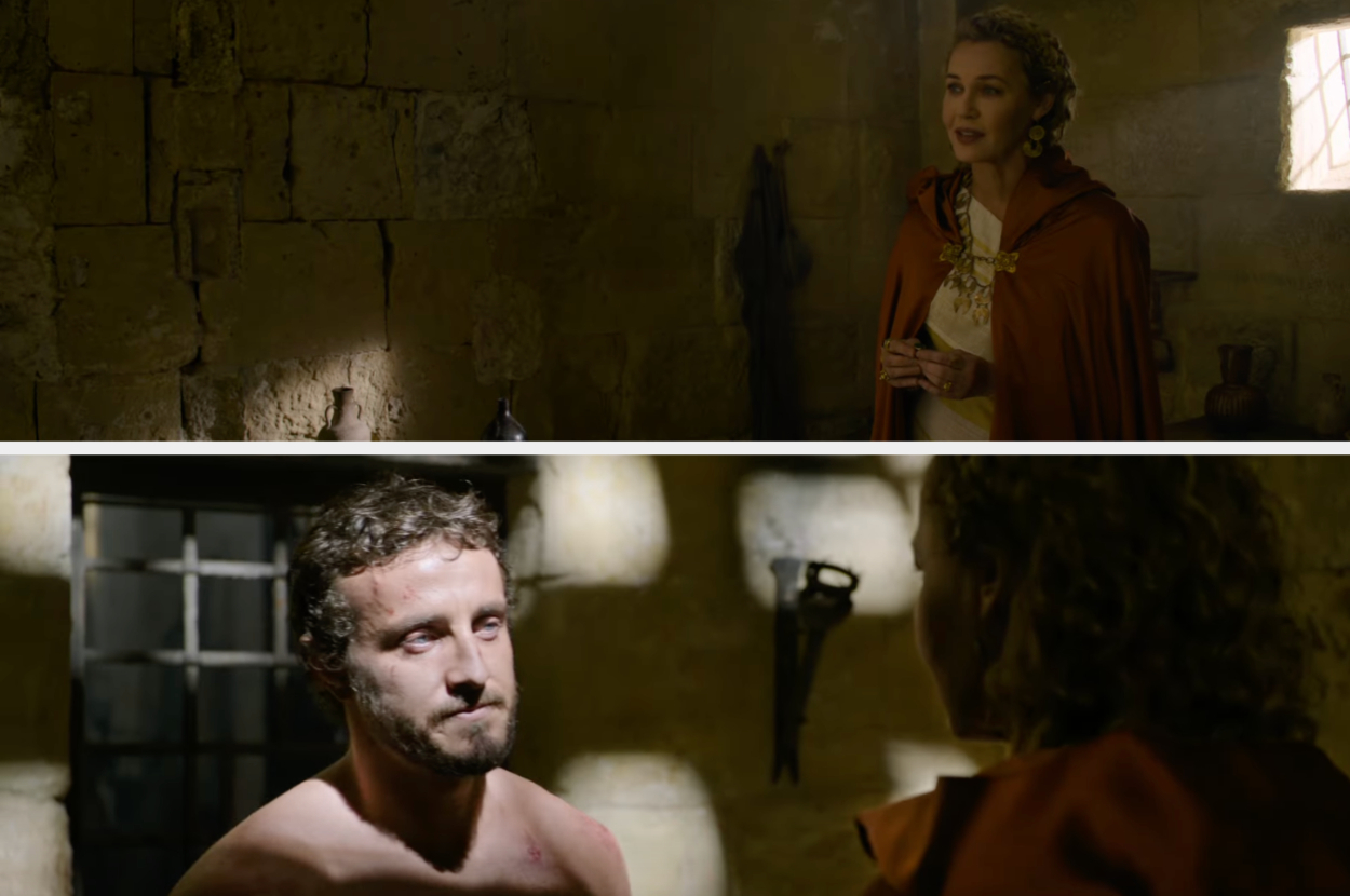The image shows a medieval scene with two people: a man and a woman. The man is shirtless, and the woman is wearing a cloak. They appear to be in a stone-walled room