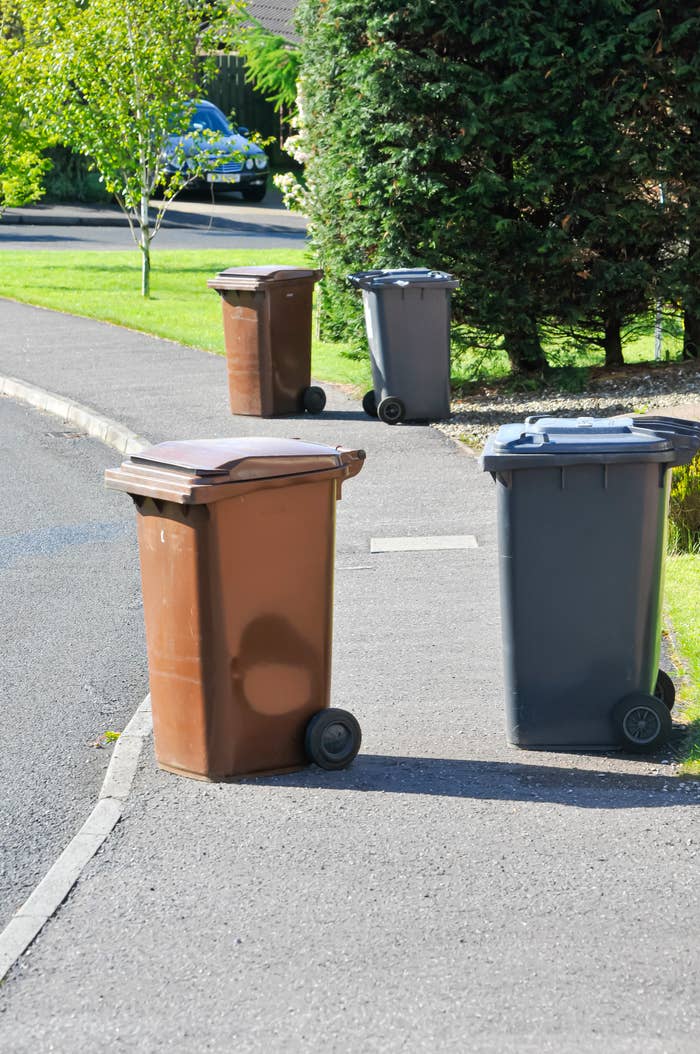 Four garbage bins are placed on a sidewalk in a residential area