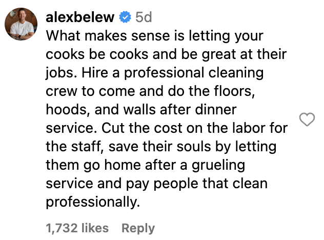 Instagram screenshot of a post by alexbelew, advocating for hiring professional cleaning crews to reduce staff labor and costs after dinner service