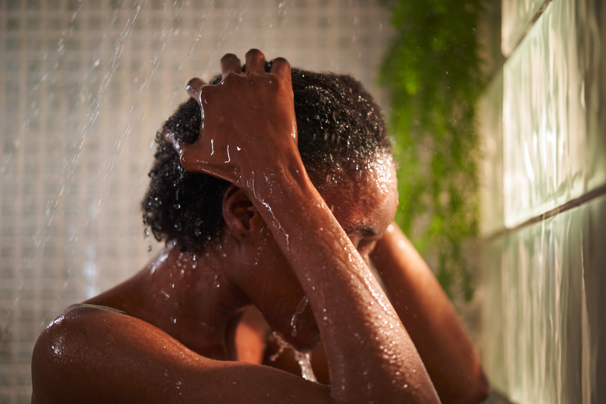 A person is showering, with hands massaging their wet hair. They appear relaxed, and there is a green plant in the background