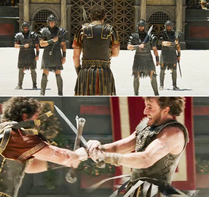 Top: Gladiator Maximus faces soldiers in an arena. Bottom: Maximus battles a soldier