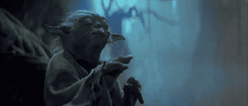 Yoda from Star Wars using the Force with his eyes closed in a mystical, foggy forest background