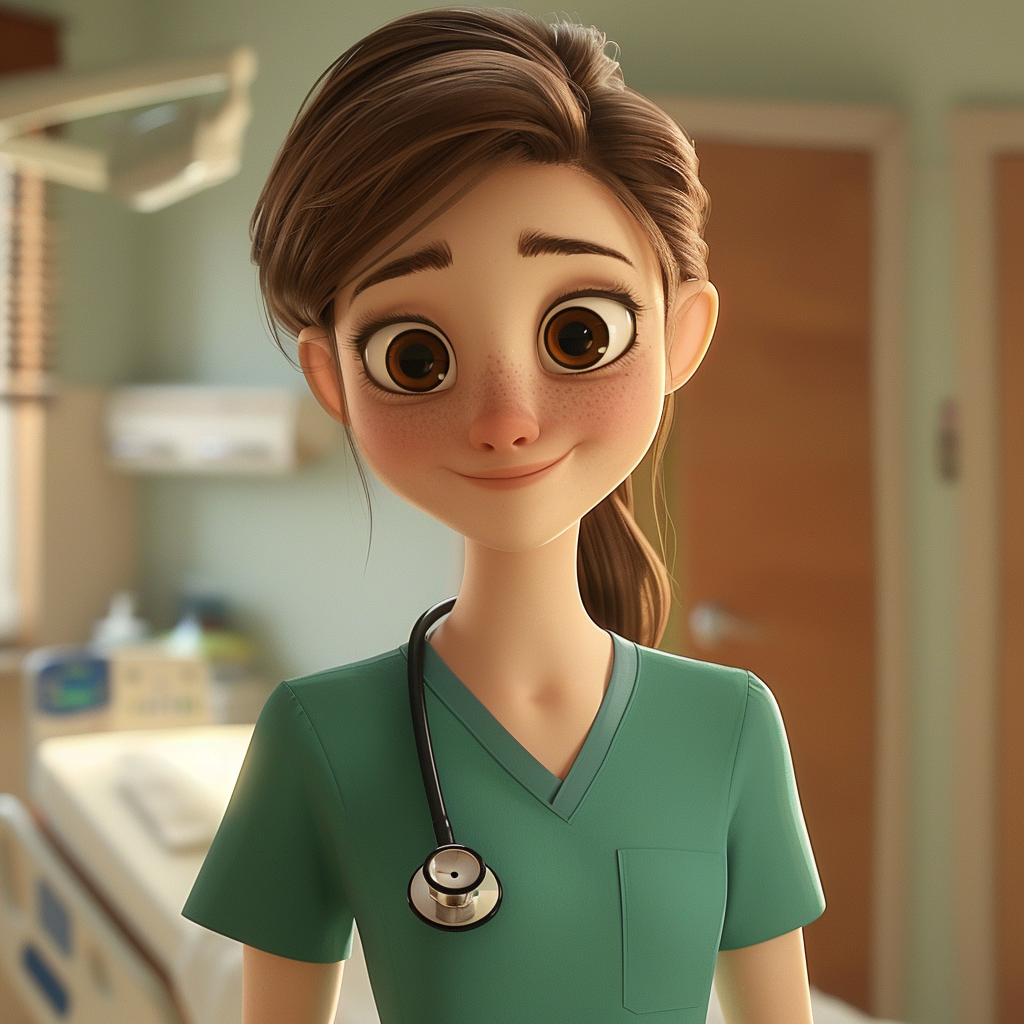 Animated character in scrubs with a stethoscope, standing in what appears to be a medical setting, smiling warmly