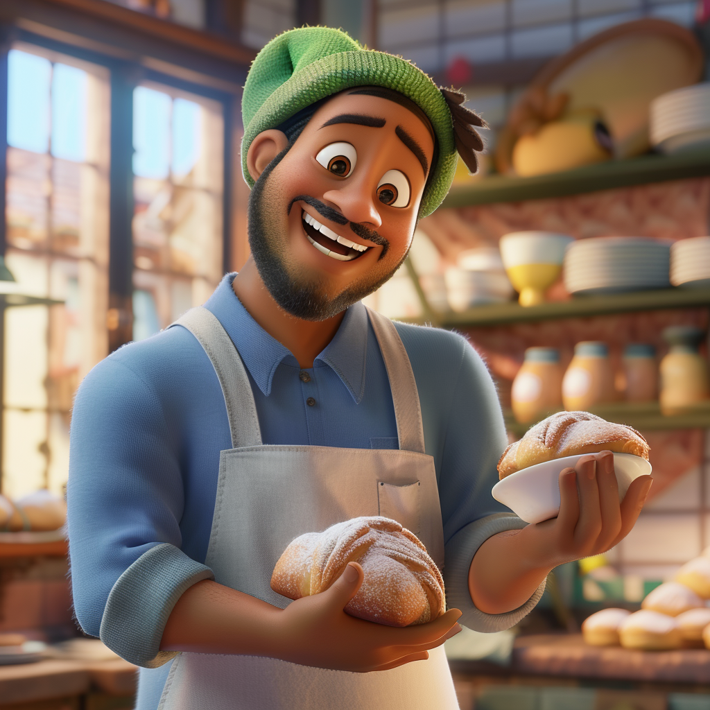 An animated character wearing a beanie and an apron smiles while holding two freshly baked pastries in a cheerful bakery setting
