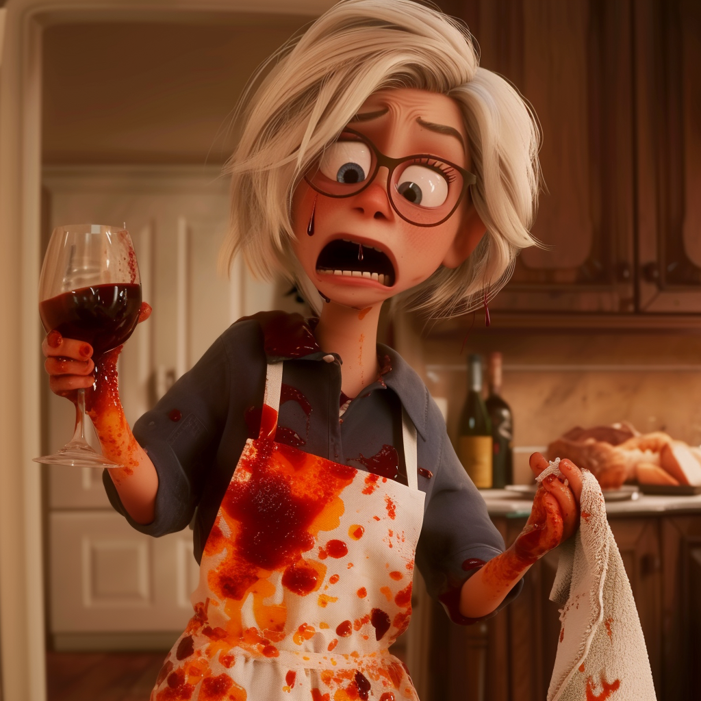 Elsa from Frozen, with gray hair and wearing glasses, looks shocked in a kitchen, holding a napkin and a glass of red wine, and wearing a stained apron