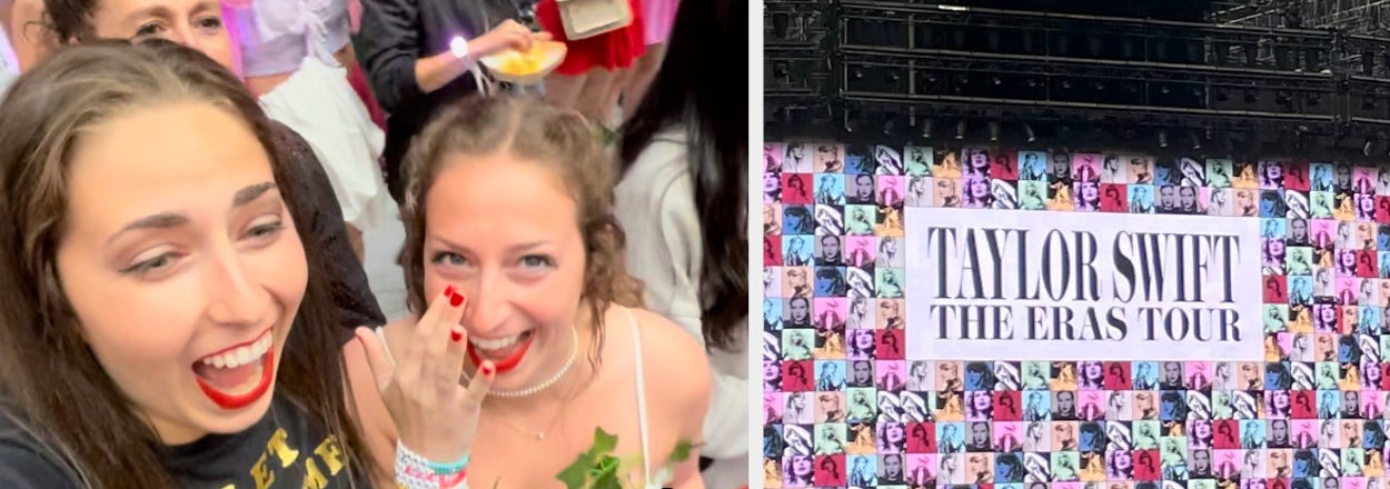 Two excited fans attend a Taylor Swift concert during her Eras Tour. The stage displays "Taylor Swift The Eras Tour" with a collage backdrop. Text reads "Prices??" and "Surprise Songs??"