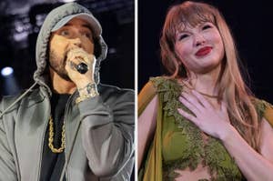 Eminem performing in a hoodie and cap, holding a mic. Taylor Swift in a green dress, hand on chest, smiling