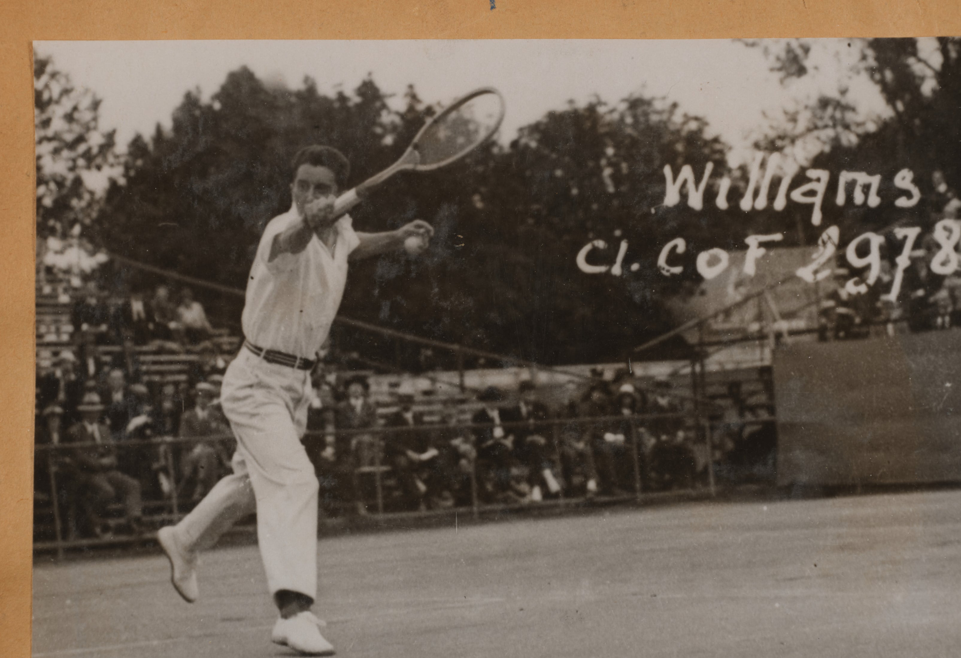 Tennis player Williams in mid-swing on a 1978 court, wearing a classic tennis outfit. Text reads &quot;Williams cl. cof 1978.&quot; Spectators are seated in the background