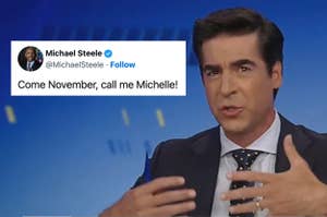 Jesse Watters on Fox News discussing a tweet by Michael Steele, saying "Come November, call me Michelle!" in reference to Harris supporters