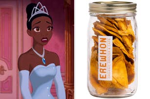 On the left, Tiana from The Princess and the Frog wearing a gown, and on the right, dried mango in a glass jar from Erewhon