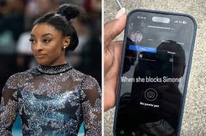 Simone Biles in a sparkling leotard on the left; a phone screen showing an Instagram profile blocking Simone Biles on the right with the text "When she blocks Simone"