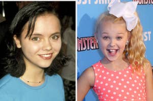 Christina Ricci smiles in a blue top; JoJo Siwa, in a polka dot dress and large white bow, excitedly poses in front of a blue background