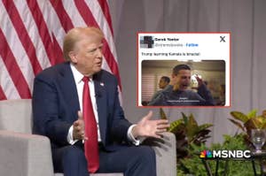 Donald Trump sits on a chair gesturing with his hands. Insert: Tweet from Derek Yeeter (@xtremelywoke) with meme text: "Trump learning Kamala is biracial." MSNBC logo at bottom right