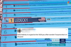 Katie Ledecky races alone in the 1500m freestyle final, with text below noting her dominance in this event