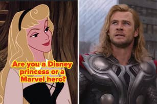 Split image: Left side shows Disney's Princess Aurora with text "Are you a Disney princess or a Marvel hero?". Right side shows Chris Hemsworth as Thor in armor