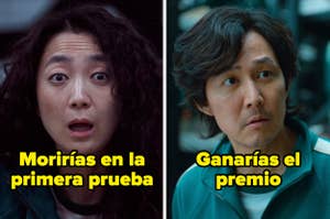 Imagen dividida en dos con personajes de "El juego del calamar": Cho Sang-Woo a la izquierda con el texto "Morirías en la primera prueba" y Seong Gi-Hun a la derecha con el texto "Ganarías el premio"