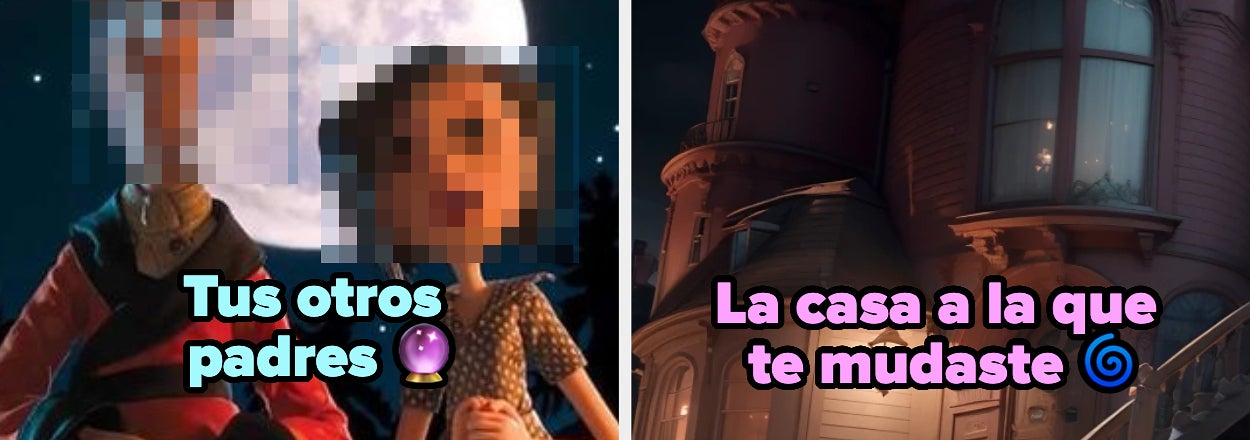 Personajes animados frente a la luna y una casa misteriosa. Texto: "Tus otros padres" y "La casa a la que te mudaste."