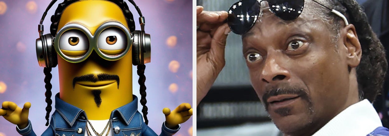 A Minion character dressed like Snoop Dogg with braids and sunglasses is on the left. Snoop Dogg raises his sunglasses in surprise on the right